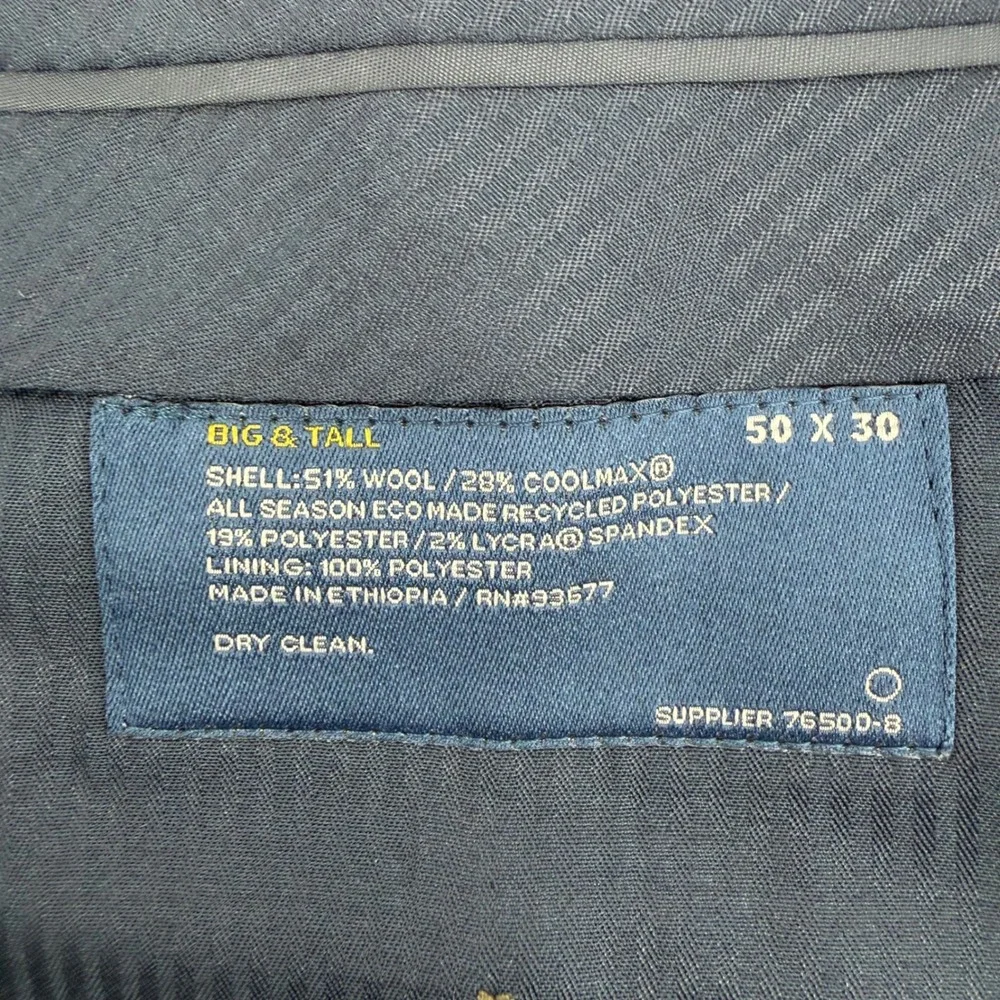 Stafford Dress Pants Mens 50x30 Navy Blue Plaid Coolmax Flat Front Wool Big Tall